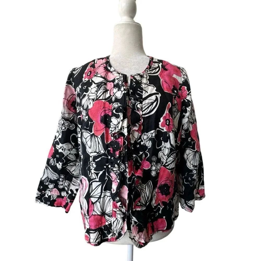Kim Rogers Y2K Jacket 100% Linen Pink Floral Black Blazer SZ S